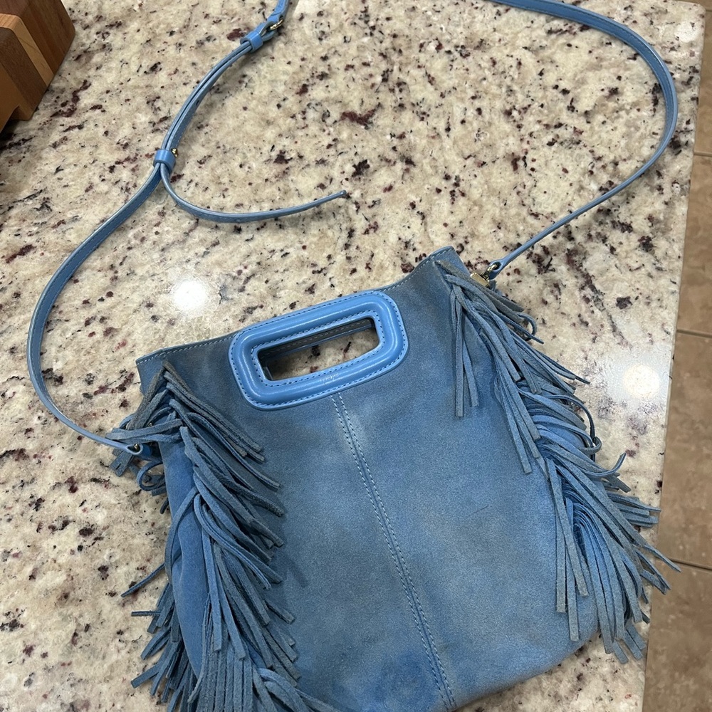 Maje blue suede fringe purse